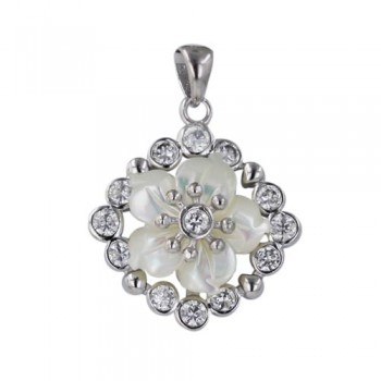 Sterling Silver Pendant 14mm Mother of Pearl Flower with Clear Cubic Zirconia