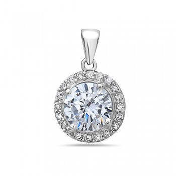 Sterling Silver Pendant 8.5mm Round Clear Cubic Zirconia with Clear Cubic Zirconia Border