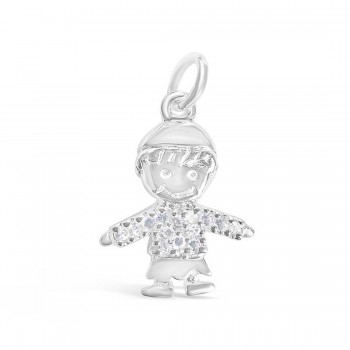 Sterling Silver Pendant Smiling Boy with Hat with Clear Cubic Zirconia Shirt-E-coated