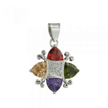 Sterling Silver Pendant Multicolor-Color Cubic Zirconia Triangle Cubic Zirconia Garnet +Olivine+Amethyst+Champagne with C