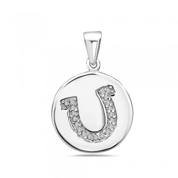 Sterling Silver Pendant 15mm Round Chip with "U" Engraved with Clear Cubic Zirconia+Bai