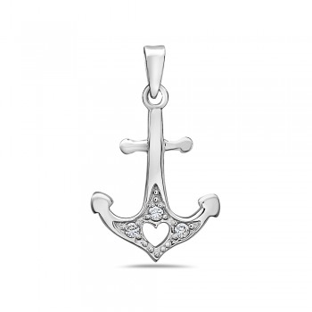 Sterling Silver Pendant Boat Anchor with Heart Center and Clear Cubic Zirconia