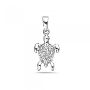 Sterling Silver Pendant Sea Turtle with Clear Cubic Zirconia on Shell