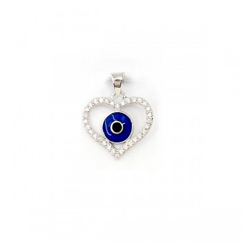 Sterling Silver Pendant Open Heart with Clear Cubic Zirconia Blue Evil Eye Ctr