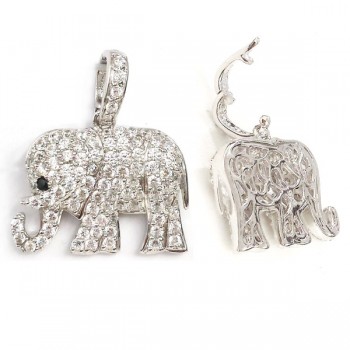 Sterling Silver Pendant Elephant Enhancer with Clear Cubic Zirconia+Black Cubic Zirconia
