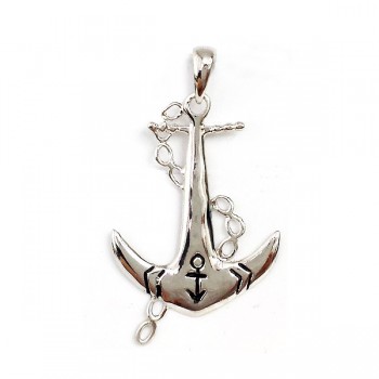 Sterling Silver Pendant Anchor with Rope Plain Oxidized