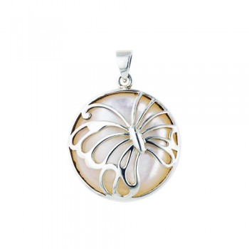 Sterling Silver Pendant Open Butterfly on Mother of Pearl Puffy Disk
