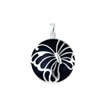 Sterling Silver Pendant Open Butterfly on Onyx Puffy Disk