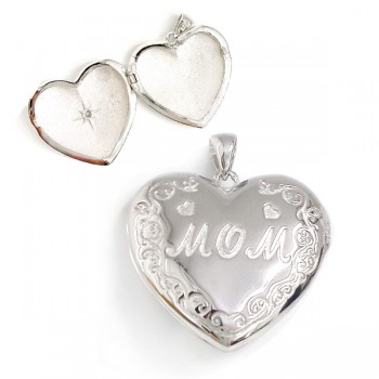 Sterling Silver Pendant Locket "Mom" with Hearts+Filigree Side