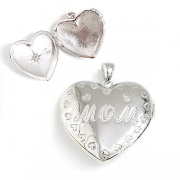 Sterling Silver Pendant Locket "Mom" with Hearts Around