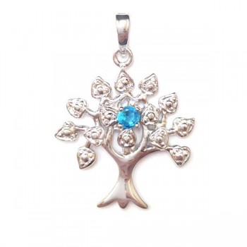Sterling Silver Pendnat Tree of Life Birthstone Aqua Marine Glass