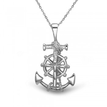 Sterling Silver Pendant Plain Steering Whell on Anchor with Bail