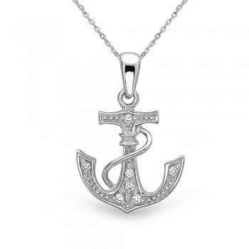 Sterling Silver Pendant Clear Cubic Zirconia Anchor with Thin Line Wrap Ard