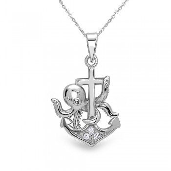 Sterling Silver Pendant Clear Cubic Zirconia Anchor with Octopus