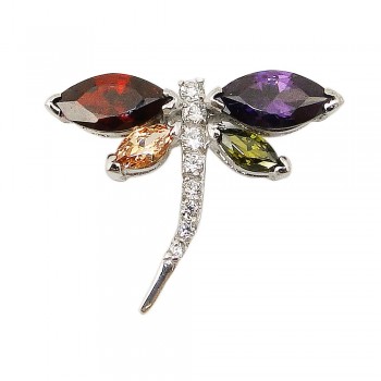 SS Pendant Gn+Ch+Ame+Ov With Clear Cz Dragonfly, Multicolor