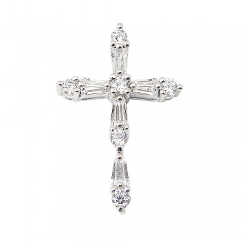 SS Pendant Clear Round And Baguette Cz Cross, Clear