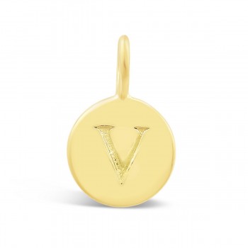 STERLING SILVER PLAIN ROUND CHARM LETTER V* GOLD PLATED