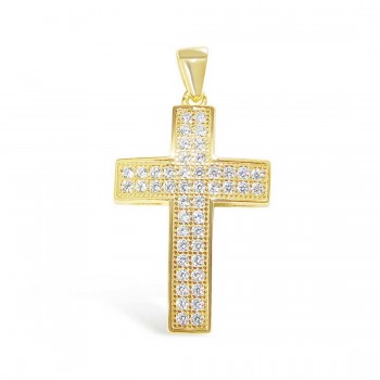 Sterling Silver Pendant Cross Clear Cubic Zirconia Pave-Gold Plated