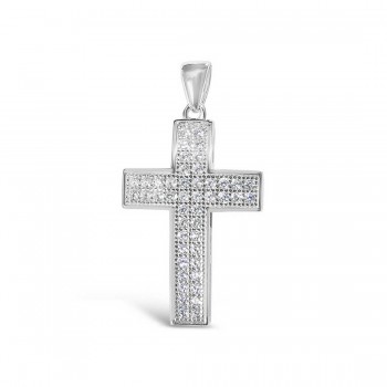 Sterling Silver Pendant Cross Clear Cubic Zirconia Pave-Rhodium Plated
