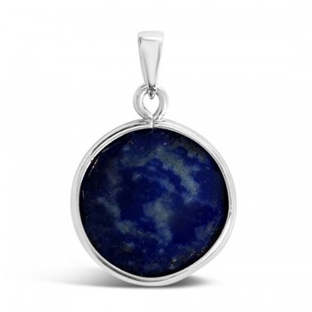 Sterling Silver Pendant Round Genuine Lapis Chess Cut Silver Wr
