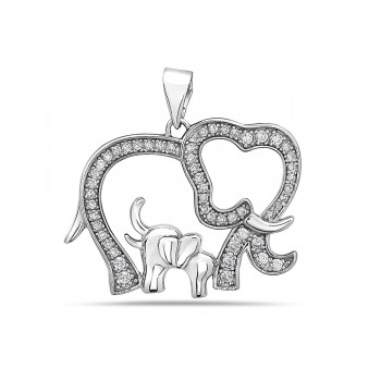 Sterling Silver Pendant Elephant Mom And Baby Clear Cubic Zirconia Line