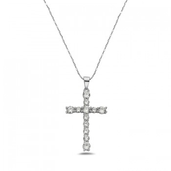 Sterling Silver Pendant Cross 4 Mm +5 Mm Round Clear Cubic Zirconia