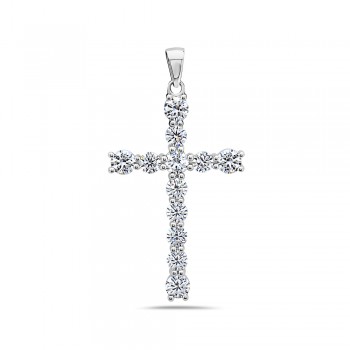 Sterling Silver Pendant Cross 5Mm+6 Mm Round Clear Cubic Zirconia