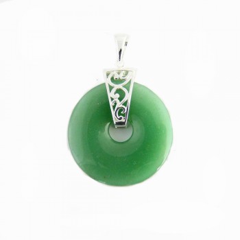 Sterling Silver Pendant Green Aventurine Donut With Silver Fil