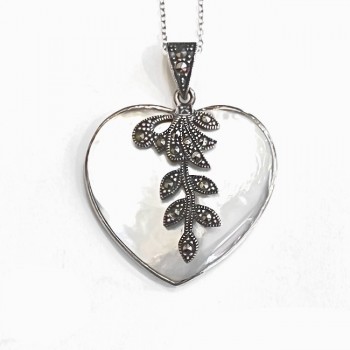 Marcasite Pendant 33mm White Mother of Pearl Heart with Oxidized Rope Leave