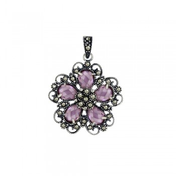 Marcasite Pendant 25X25mm 5 Pink Cubic Zirconia Chess Cut Flower Petals