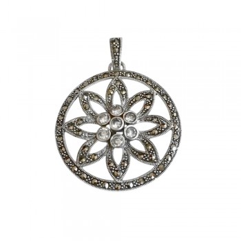 Marcasite PENDANT ROUND LINE CENTER SUN FLOWER CLEARCubic Zirconia-6M-1938CL