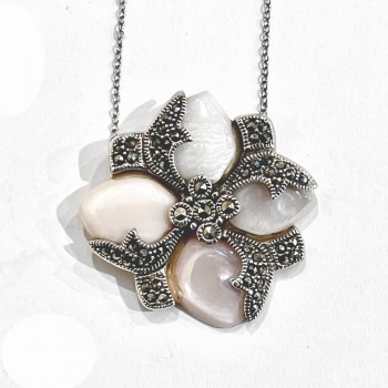Marcasite Pendant Flower Mother of Pearl Pink with Mother of Pearl Pink Over