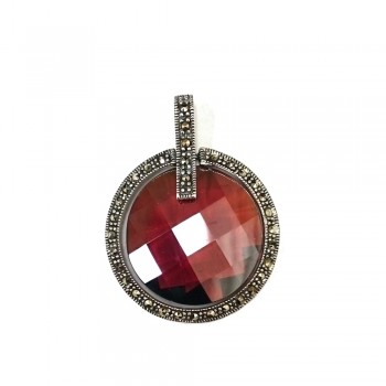 Marcasite Pendant Garnet Cubic Zirconia Chess Cut Round Swing with Marcasite Circle