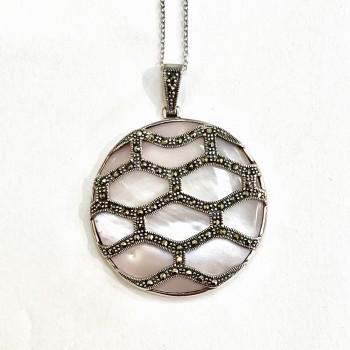 Marcasite Pendant 38mm Round Pink Mother of Pearl with Marcasite Bee Hives