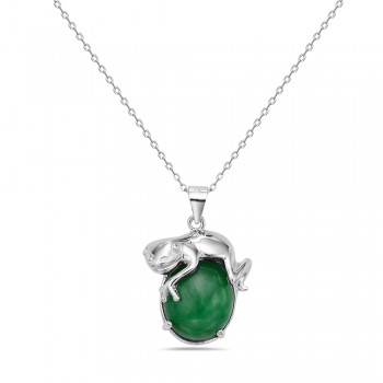 Sterling Silver Pendant Oval Green Jade with Plain Frog