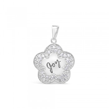 Sterling Silver Pendant Clear Cubic Zirconia Flower with Wording Joy