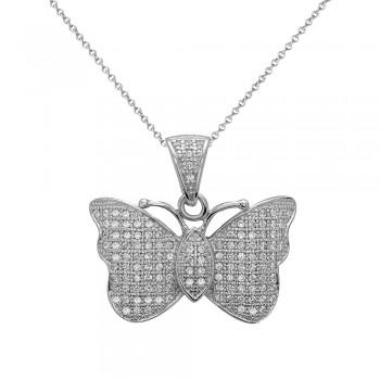 Sterling Silver Pendant of Detailed Butterfly with Clear Cubic Zirconia