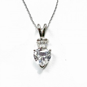 Sterling Silver Pendant Clear Cubic Zirconia Heart with 3 Clear Baguette on Top