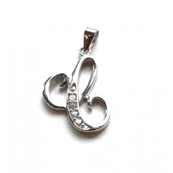 Sterling Silver Pendant Initial C Script Clear Cubic Zirconia