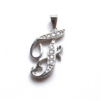 Sterling Silver Pendant Initial F Script Clear Cubic Zirconia