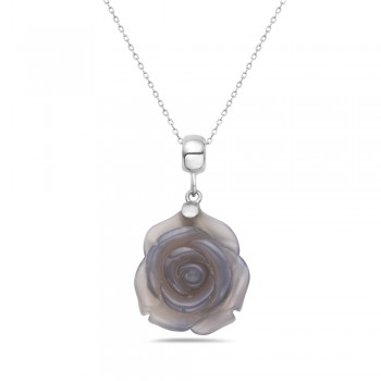 Sterling Silver CHARM ROUND TOP BAIL CARVED ROSE FLOWER GRAY AGATE