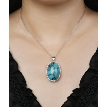 Sterling Silver PENDANT OVAL GENUINE TURQUOISE FILIGREE SIDE