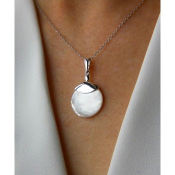 Sterling Silver PENDANT ROUND MOTHER OF PEARL SILVER CAP