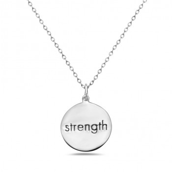 Sterling Silver PENDANT PLAIN ROUND DISC WITH BLACK SCRIPT "STRENGTH"