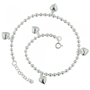 Sterling Silver Anklet Ball Chain with 5 Puff Heart Charm--9.5+1