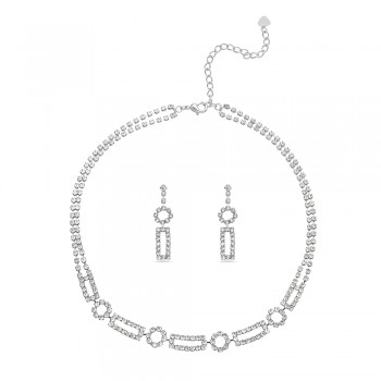 Brass with Rhodium Plating Necklace+Earring Set Clear Crystal Double