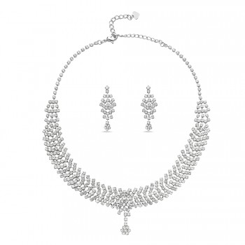 Brass with Rhodium Plating Necklace+Earring Set Clear Crystal Wide