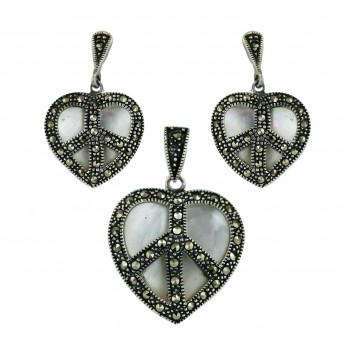 Marcasite Set White Mother of Pearl Heart with Peace Symbol