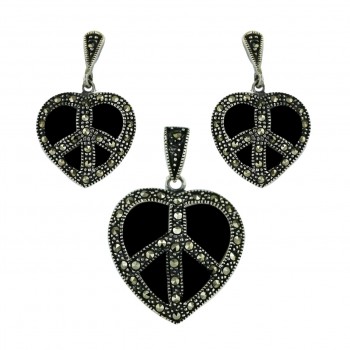 Marcasite Set Onyx Heart with Peace Symbol