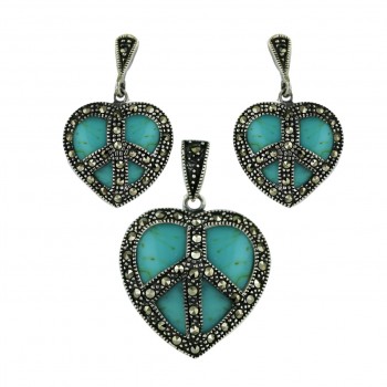 Marcasite Set Faux Turquoise Heart with Peace Symbol